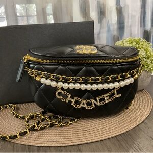 Black Quilted Crossbody Bag with Gold and Pearl Accents